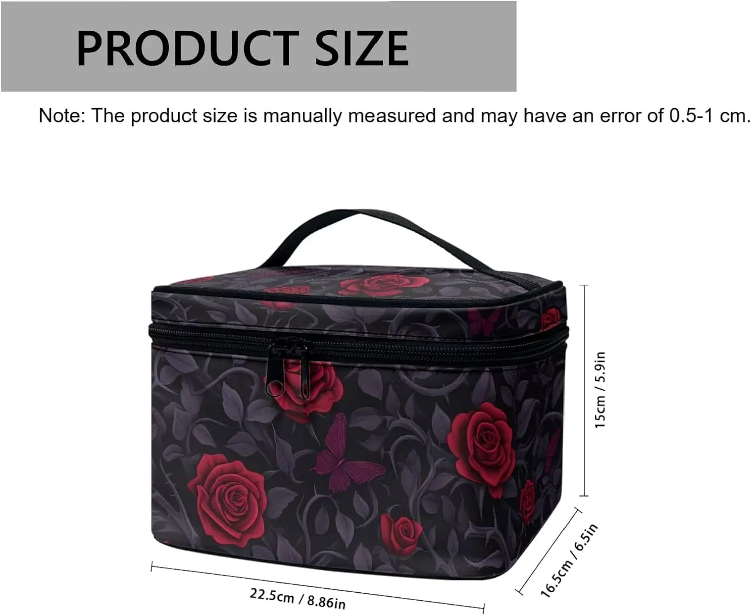 Red Rose Thorn Travel Makeup Bag Organizer Toiletry Bag for Women, Butterfly Roses Bushes Print Cosmetic Kit for Toiletries Accessories, Black