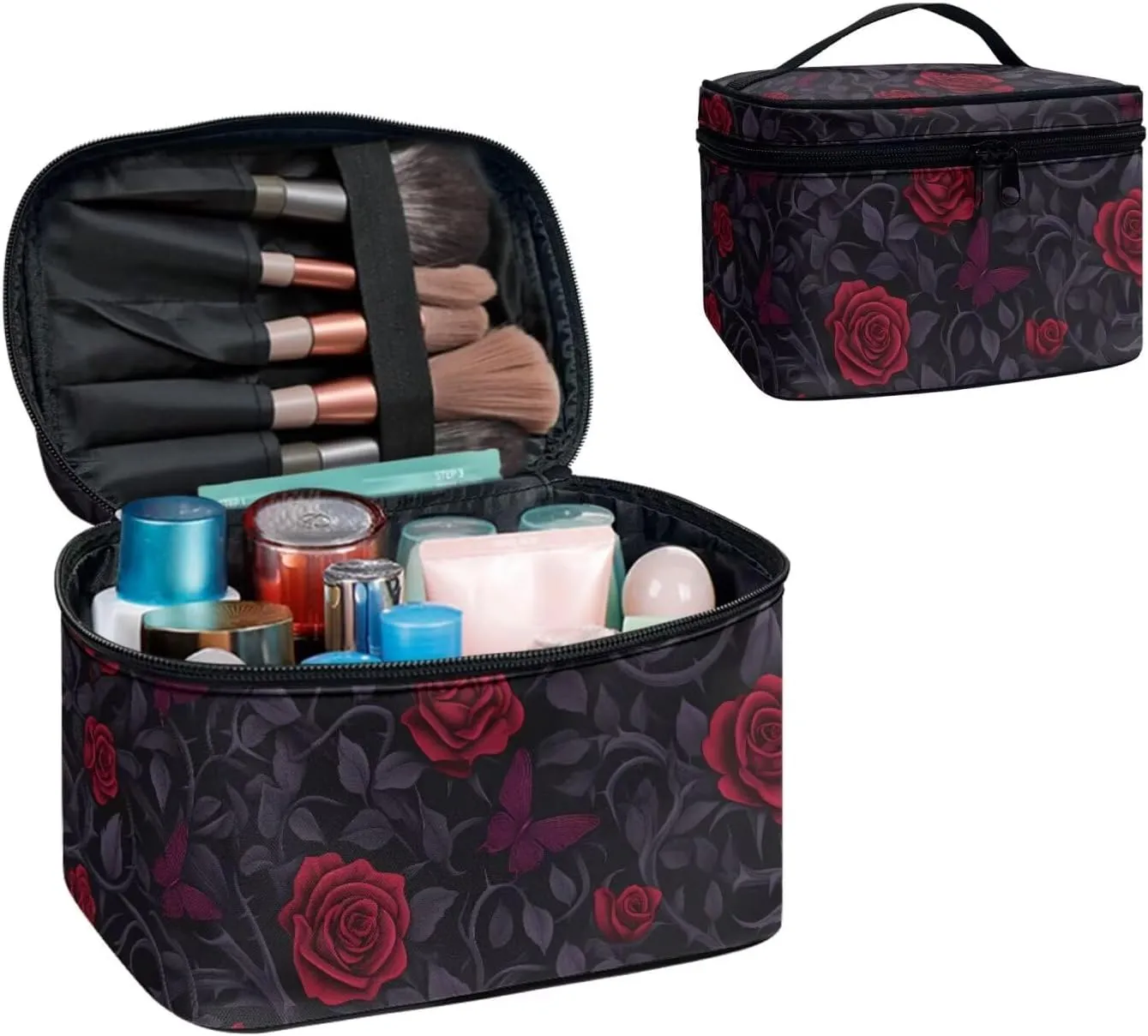 Red Rose Thorn Travel Makeup Bag Organizer Toiletry Bag for Women, Butterfly Roses Bushes Print Cosmetic Kit for Toiletries Accessories, Black