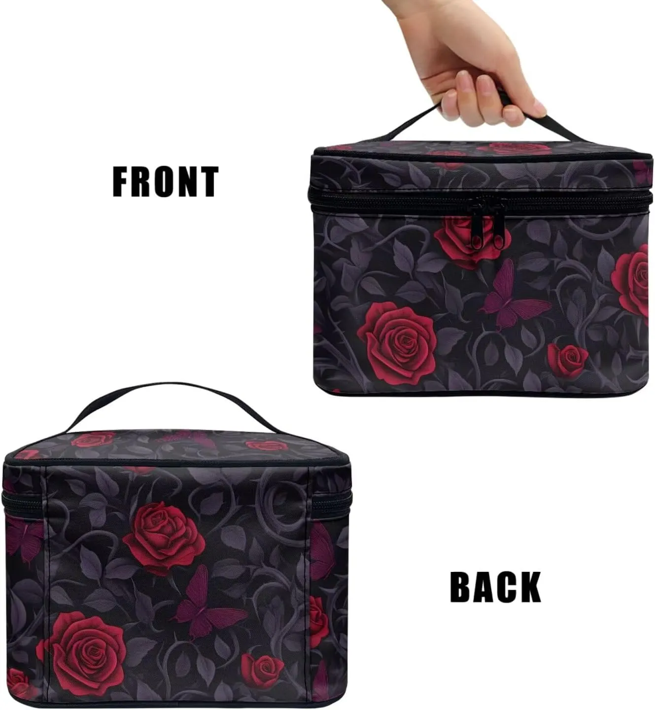 Red Rose Thorn Travel Makeup Bag Organizer Toiletry Bag for Women, Butterfly Roses Bushes Print Cosmetic Kit for Toiletries Accessories, Black