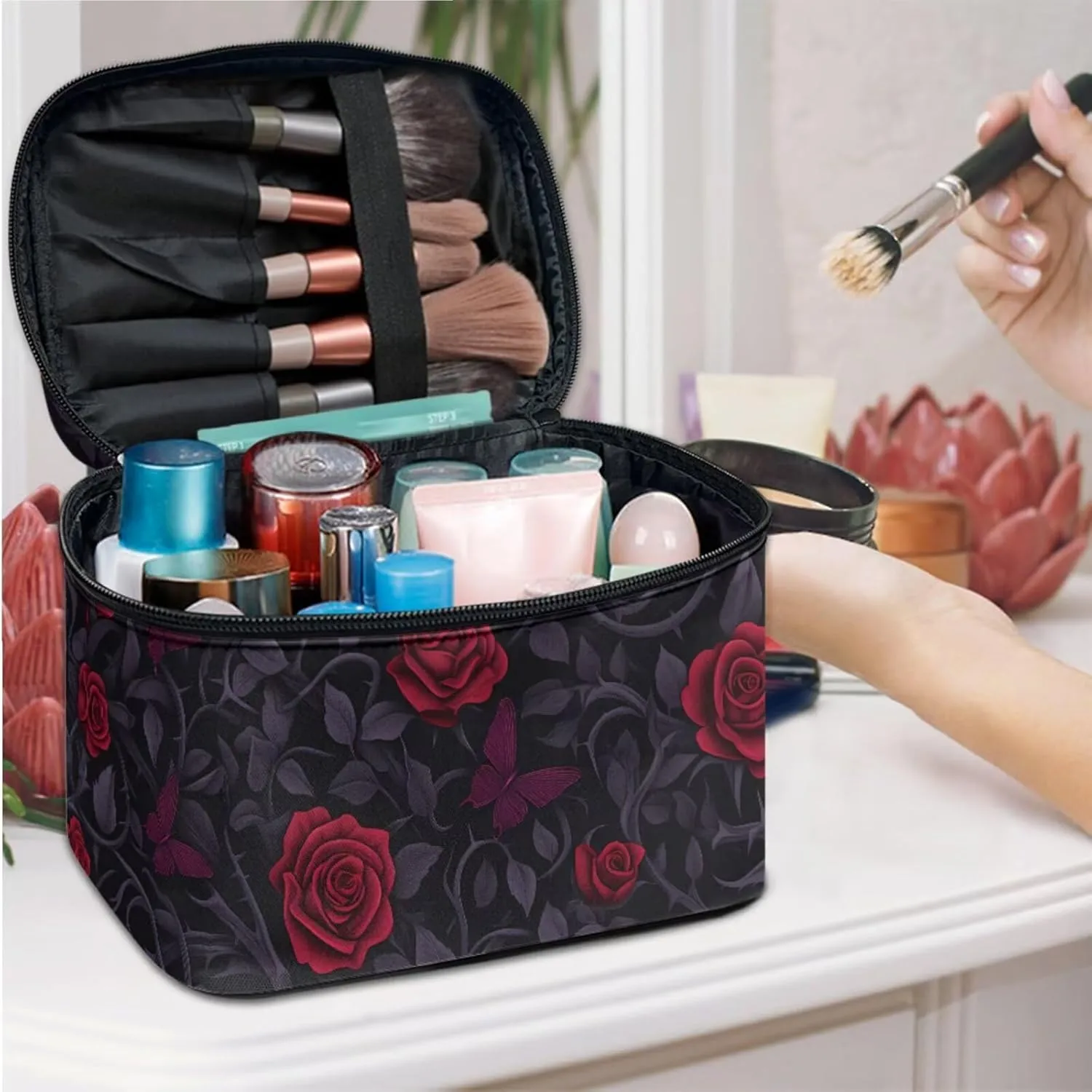Red Rose Thorn Travel Makeup Bag Organizer Toiletry Bag for Women, Butterfly Roses Bushes Print Cosmetic Kit for Toiletries Accessories, Black