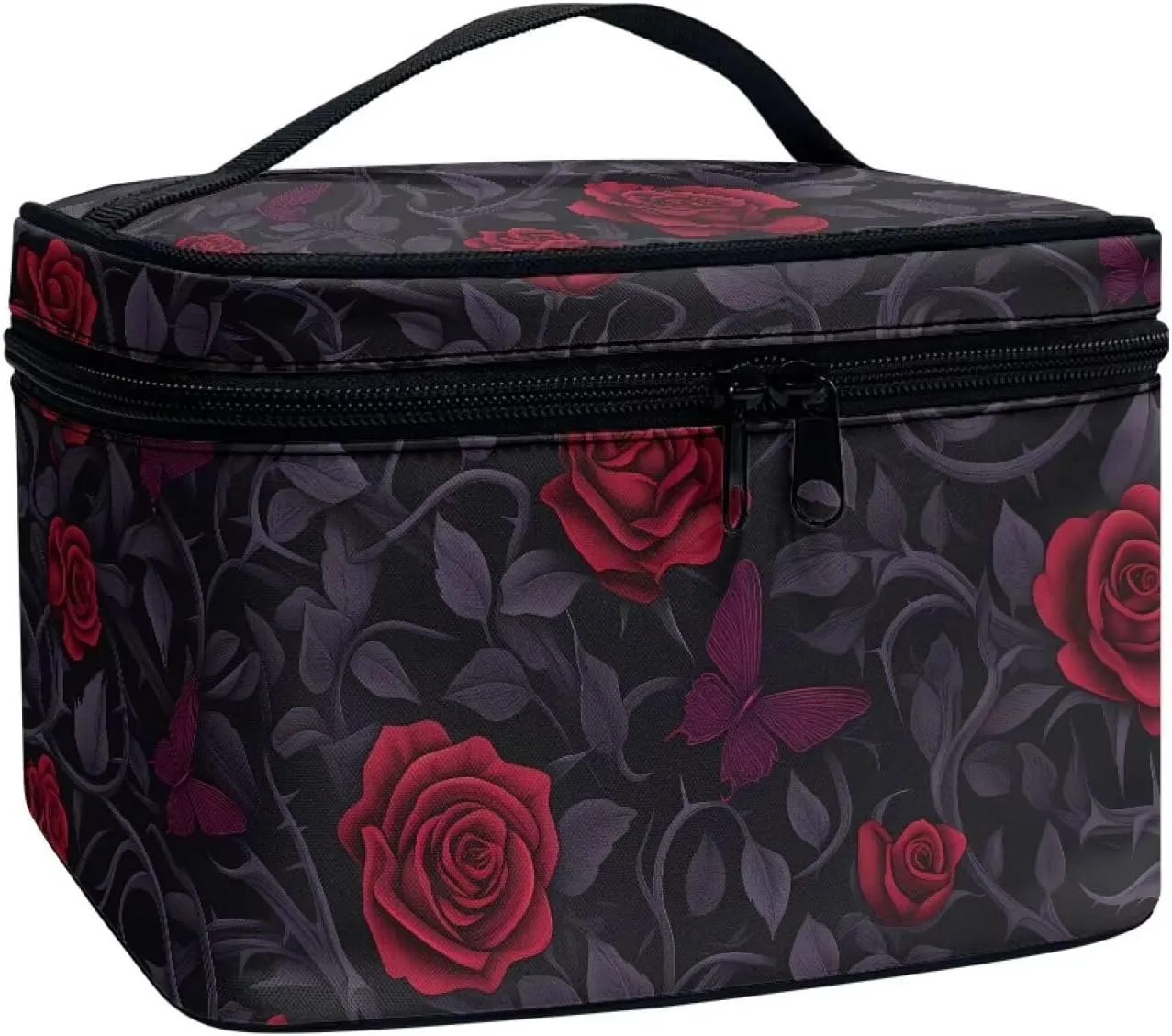 Red Rose Thorn Travel Makeup Bag Organizer Toiletry Bag for Women, Butterfly Roses Bushes Print Cosmetic Kit for Toiletries Accessories, Black