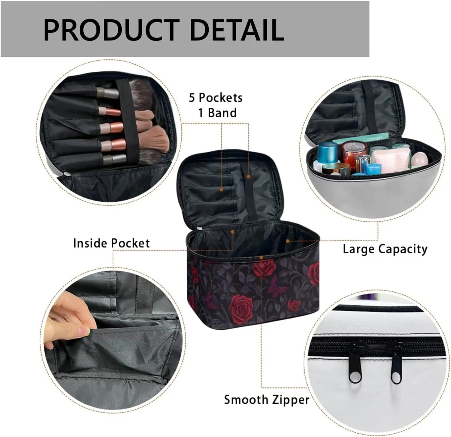 Red Rose Thorn Travel Makeup Bag Organizer Toiletry Bag for Women, Butterfly Roses Bushes Print Cosmetic Kit for Toiletries Accessories, Black