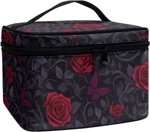 Red Rose Thorn Travel Makeup Bag Organizer Toiletry Bag for Women, Butterfly Roses Bushes Print Cosmetic Kit for Toiletries Accessories, Black