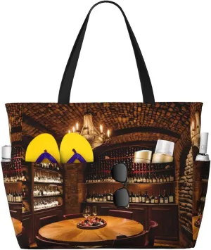Red Wine Cellar picture Print Unisex Large Capacity Beach Travel Bag Vacation Picnic Sport Tote Portable Gym Bag