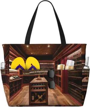 Red Wine Cellar Print Unisex Large Capacity Beach Travel Bag Vacation Picnic Sport Tote Portable Gym Bag