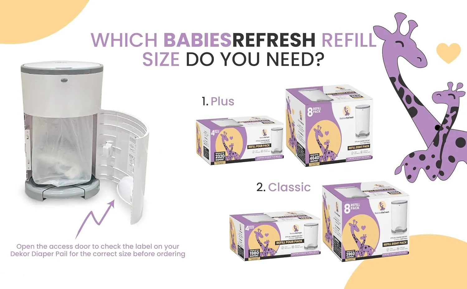 Refills Compatible with DEKOR CLASSIC Diaper Pail Refills | 4 Pack | Diaper Pail Odor Eliminator| Fresh Powder Scent | Each Diaper Bag Refill Holds up to 1980 Diapers | Diaper bin refill