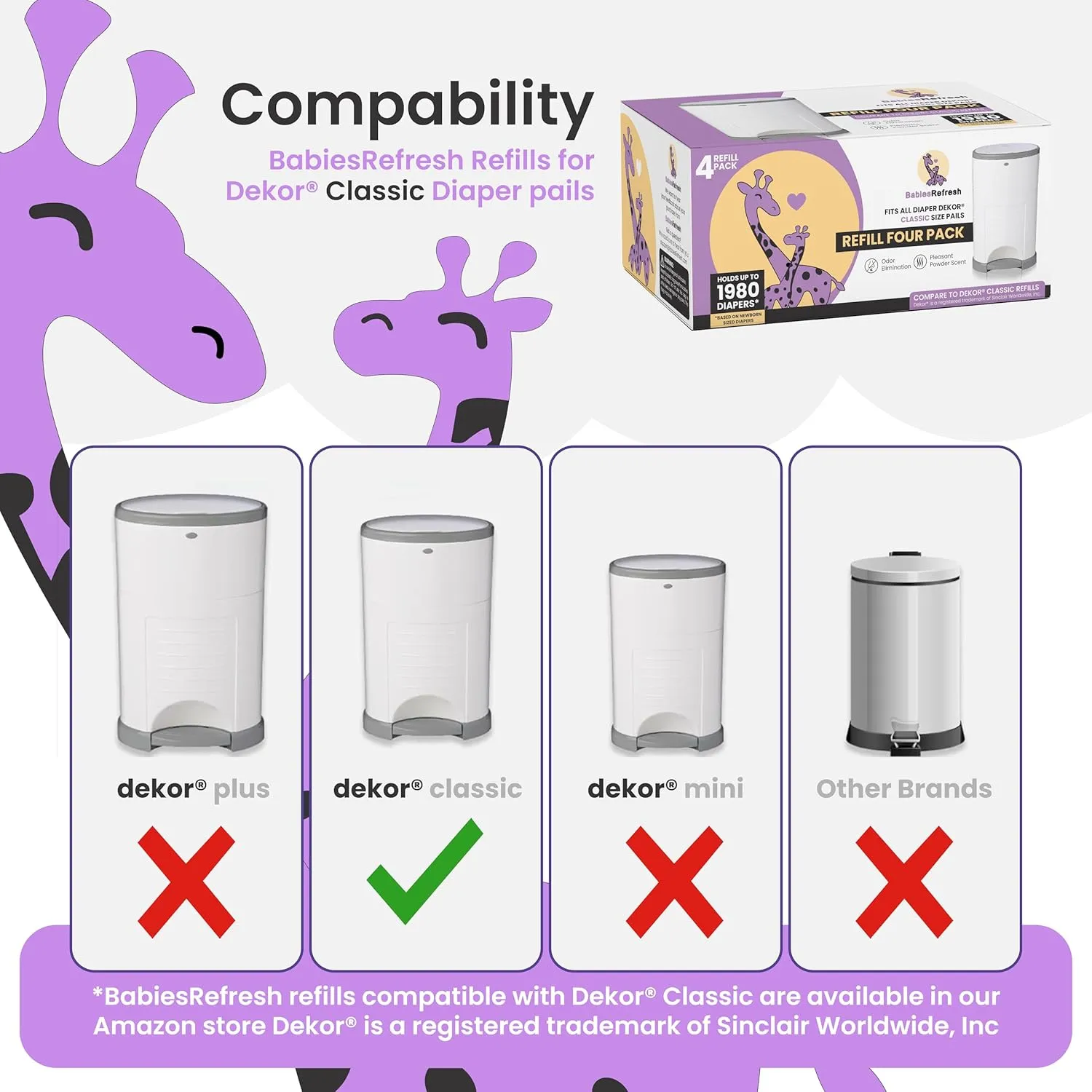 Refills Compatible with DEKOR CLASSIC Diaper Pail Refills | 4 Pack | Diaper Pail Odor Eliminator| Fresh Powder Scent | Each Diaper Bag Refill Holds up to 1980 Diapers | Diaper bin refill