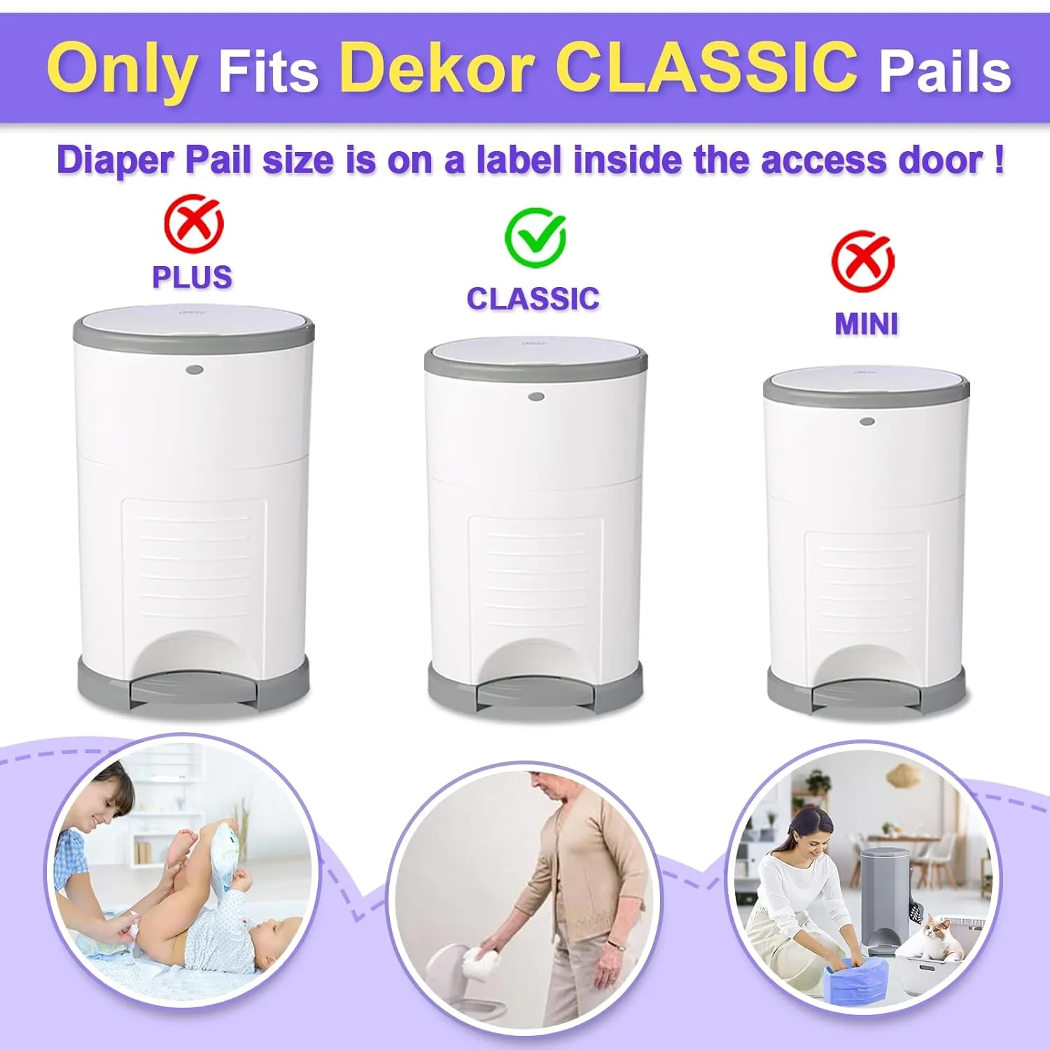 Refills Compatible with Dekor Classic Diaper Pail Refills | 8 Count for 4752 Diapers(Extra 20% Lengths) Diaper Pail Bags with Extra 30% Thickness Powerful Odor Eliminate Lavender Scent for Baby/Adult
