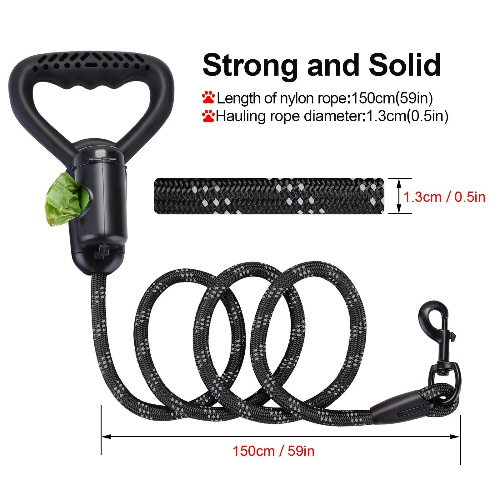 Reflective Durable 2-in-1 Dog Leash 5ft Hands-Free Waste Bag Dispenser