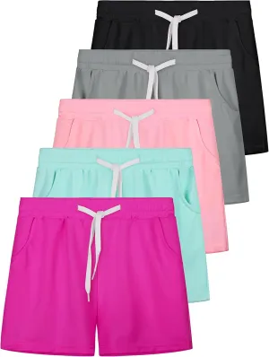 Resinta 5 Pack Youth Girls Quick Dry Active Shorts Athletic Shorts Running Shorts with Drawstring Pocket for Gym Workout Yoga