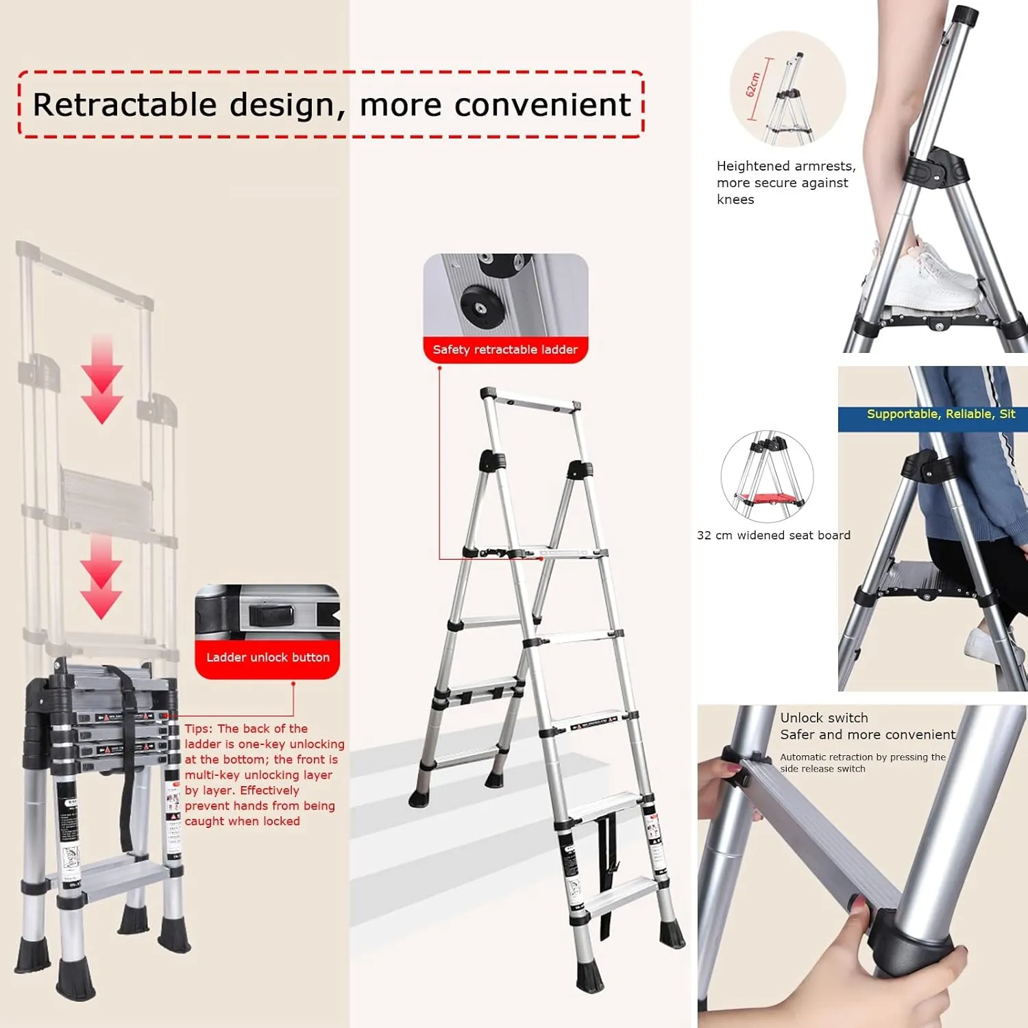 Retractable Folding Herringbone Ladder Multi-Functional Climbing Stairs Thickened Aluminum Alloy Lift Ladder (Size : 4-Step)
