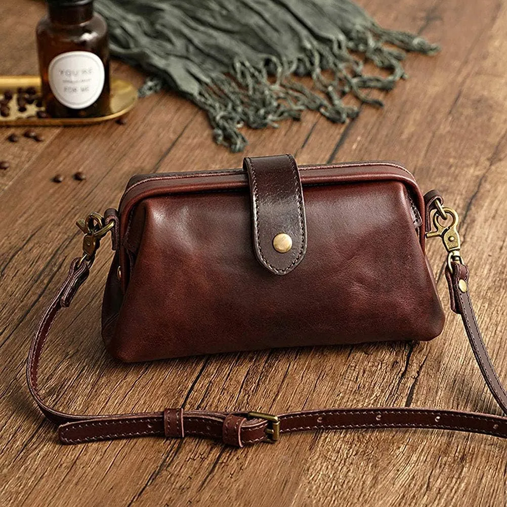 Retro Handmade Doctor Bag Crossbody Bag Women Vintage Leather Crossbody Shoulder Bag (Coffee)
