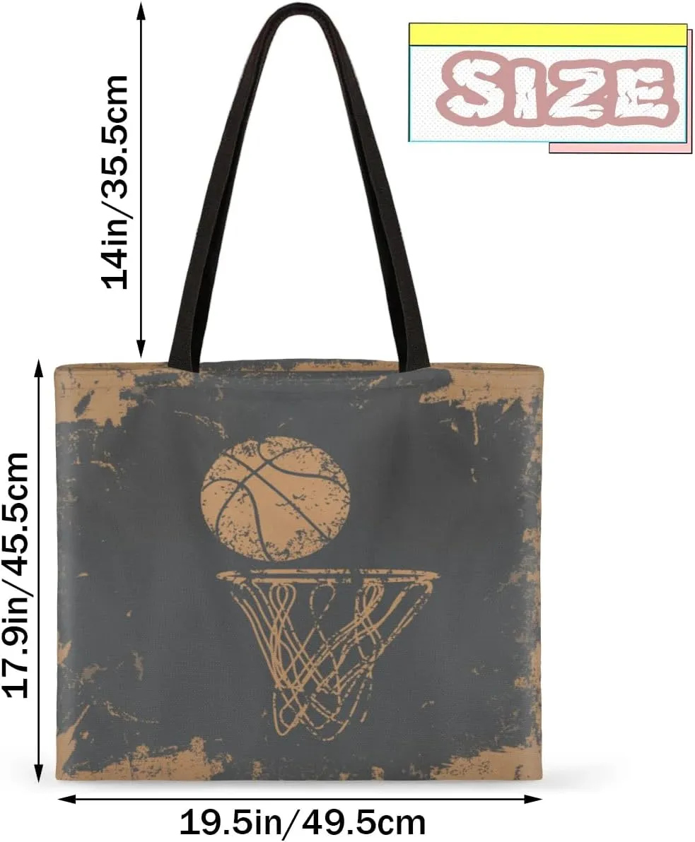 Retro Yellow Basketball Canvas Tote Bag for Women Men Stylish Tote Handbag Shoulder Bag Reusable Grocery Bag