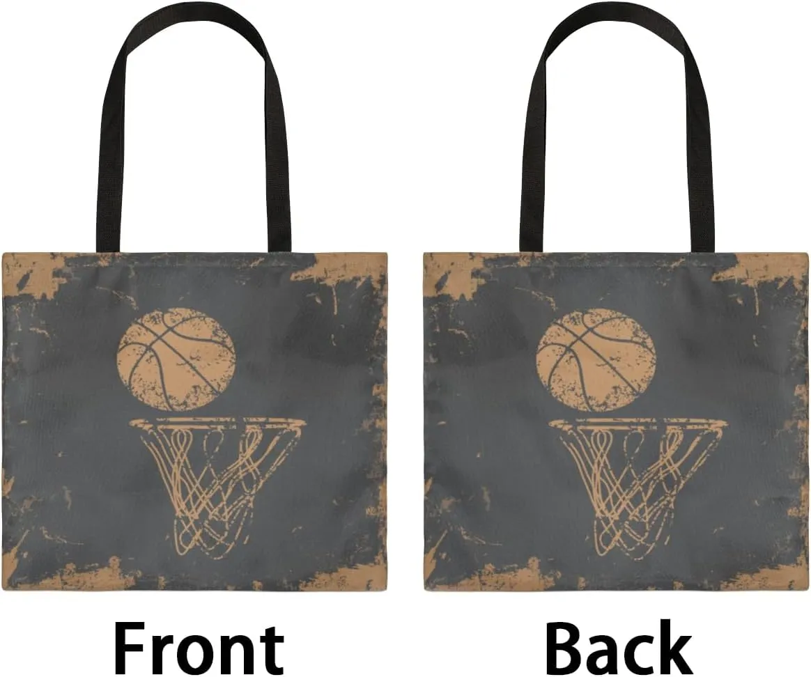 Retro Yellow Basketball Canvas Tote Bag for Women Men Stylish Tote Handbag Shoulder Bag Reusable Grocery Bag