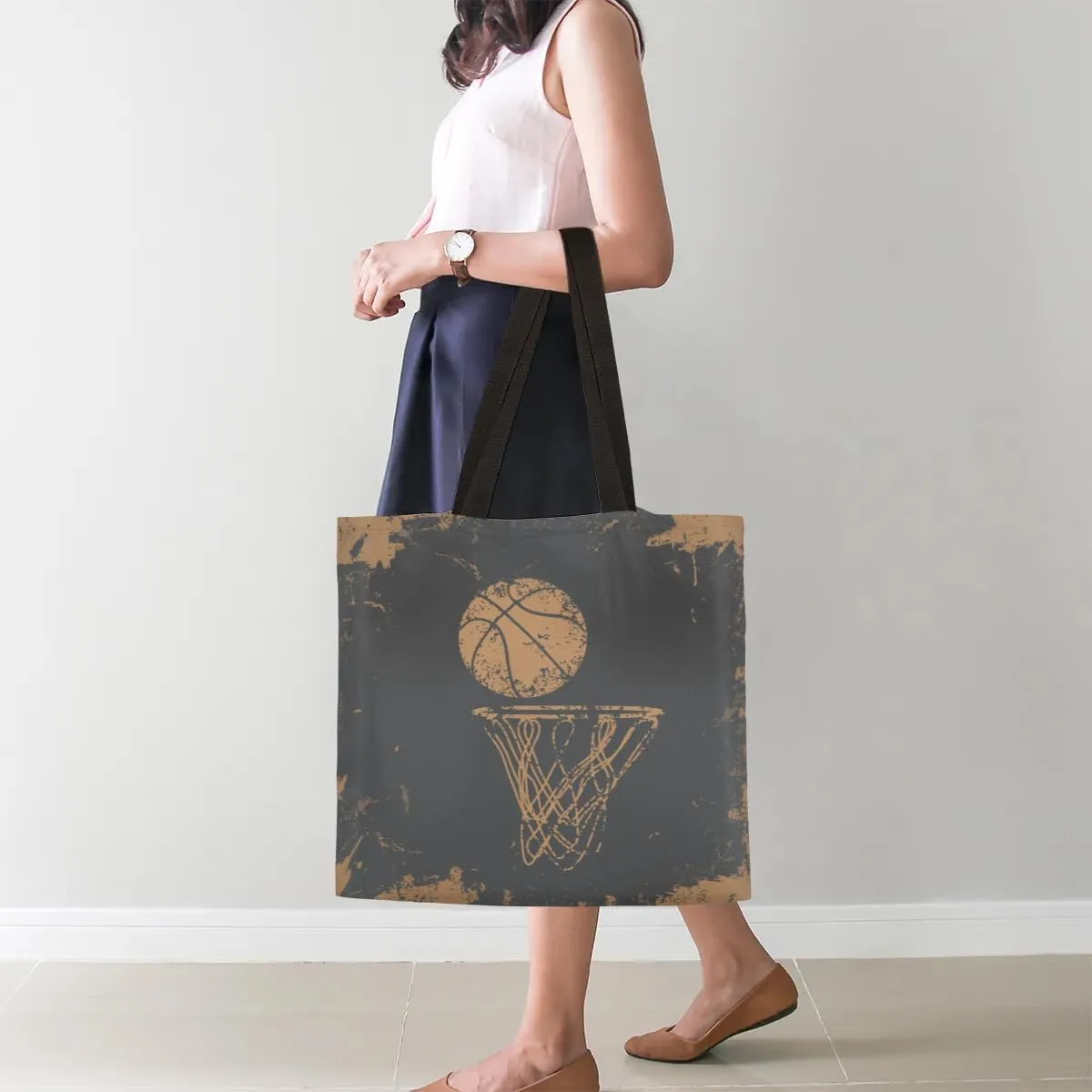 Retro Yellow Basketball Canvas Tote Bag for Women Men Stylish Tote Handbag Shoulder Bag Reusable Grocery Bag