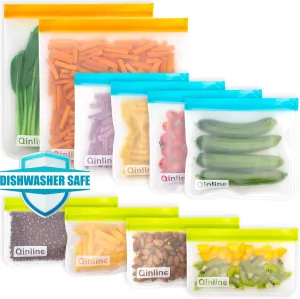 Reusable Food Storage Bags - 10 Pack Freezer Bags, Reusable Bags Silicone, EXTRA THICK Leakproof Reusable Lunch Bag for Salad Fruit Travel - 2 Gallon 4 Sandwich 4 Snack Bags