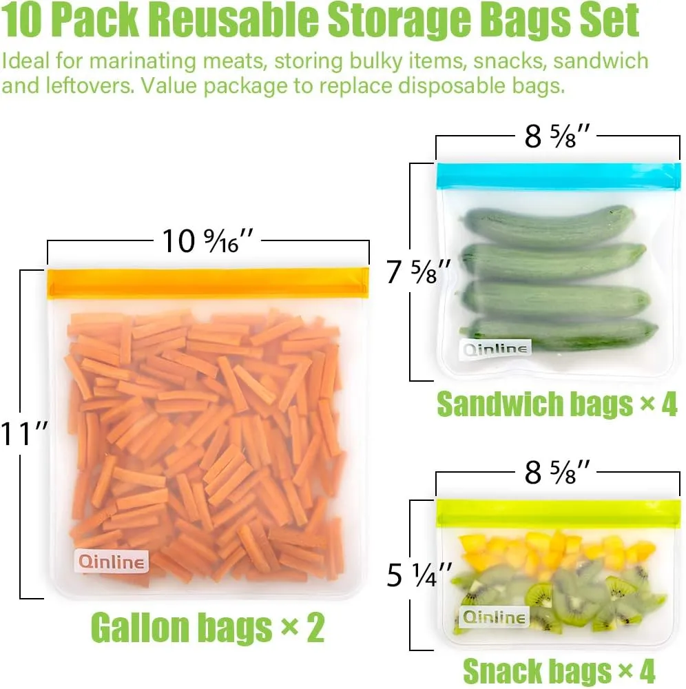 Reusable Food Storage Bags - 10 Pack Freezer Bags, Reusable Bags Silicone, EXTRA THICK Leakproof Reusable Lunch Bag for Salad Fruit Travel - 2 Gallon 4 Sandwich 4 Snack Bags