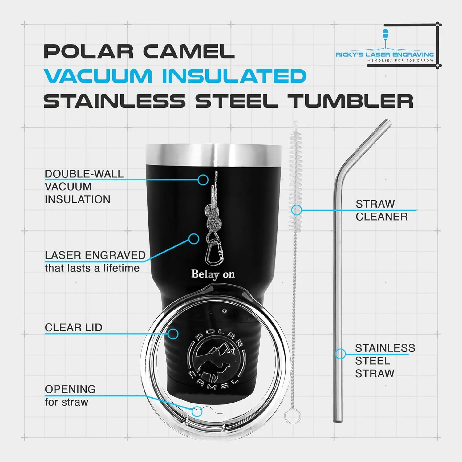 Rock Climbing Belay On Travel Mug for Men & Women, Polar Camel Black Vacuum Insulated Stainless Steel 30 oz. Tumbler with Clear Lid, Stainless Steel Straw, and Straw Cleaner