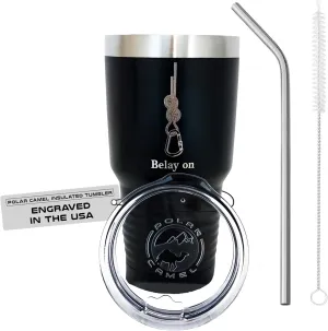 Rock Climbing Belay On Travel Mug for Men & Women, Polar Camel Black Vacuum Insulated Stainless Steel 30 oz. Tumbler with Clear Lid, Stainless Steel Straw, and Straw Cleaner