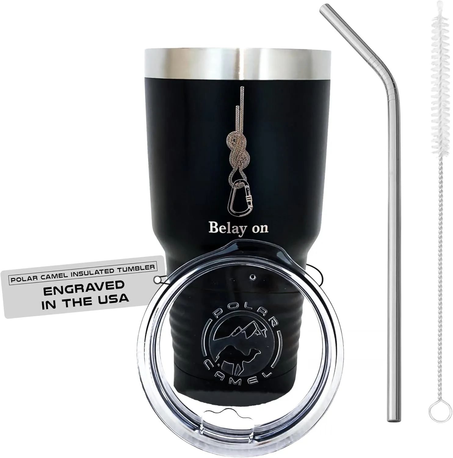 Rock Climbing Belay On Travel Mug for Men & Women, Polar Camel Black Vacuum Insulated Stainless Steel 30 oz. Tumbler with Clear Lid, Stainless Steel Straw, and Straw Cleaner