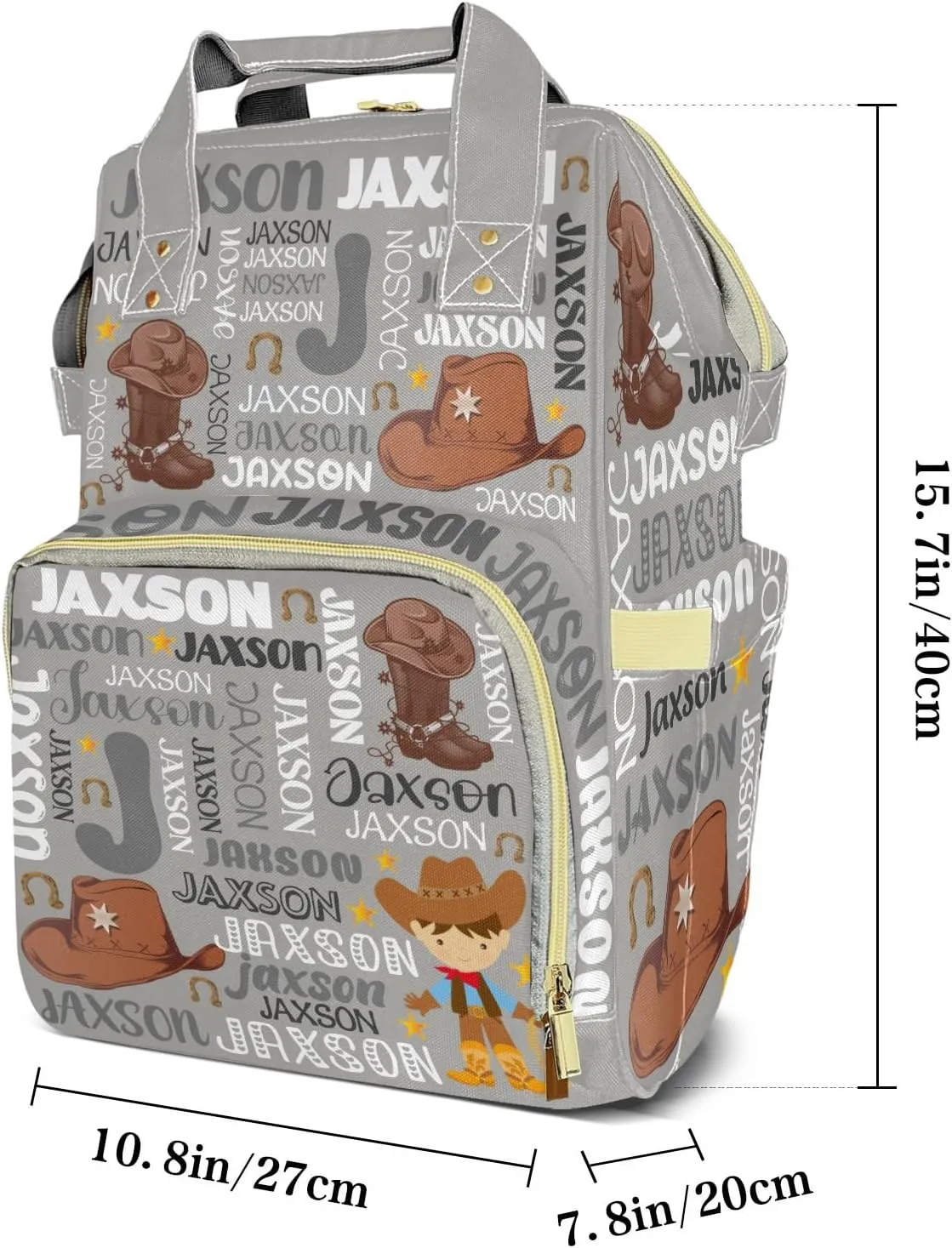 Rodeo Cowboy Gray Text Personalized Large Capacity Diaper Bags,Custom Name Backpack Casual Daypack Bag Nappy Bag Gifts