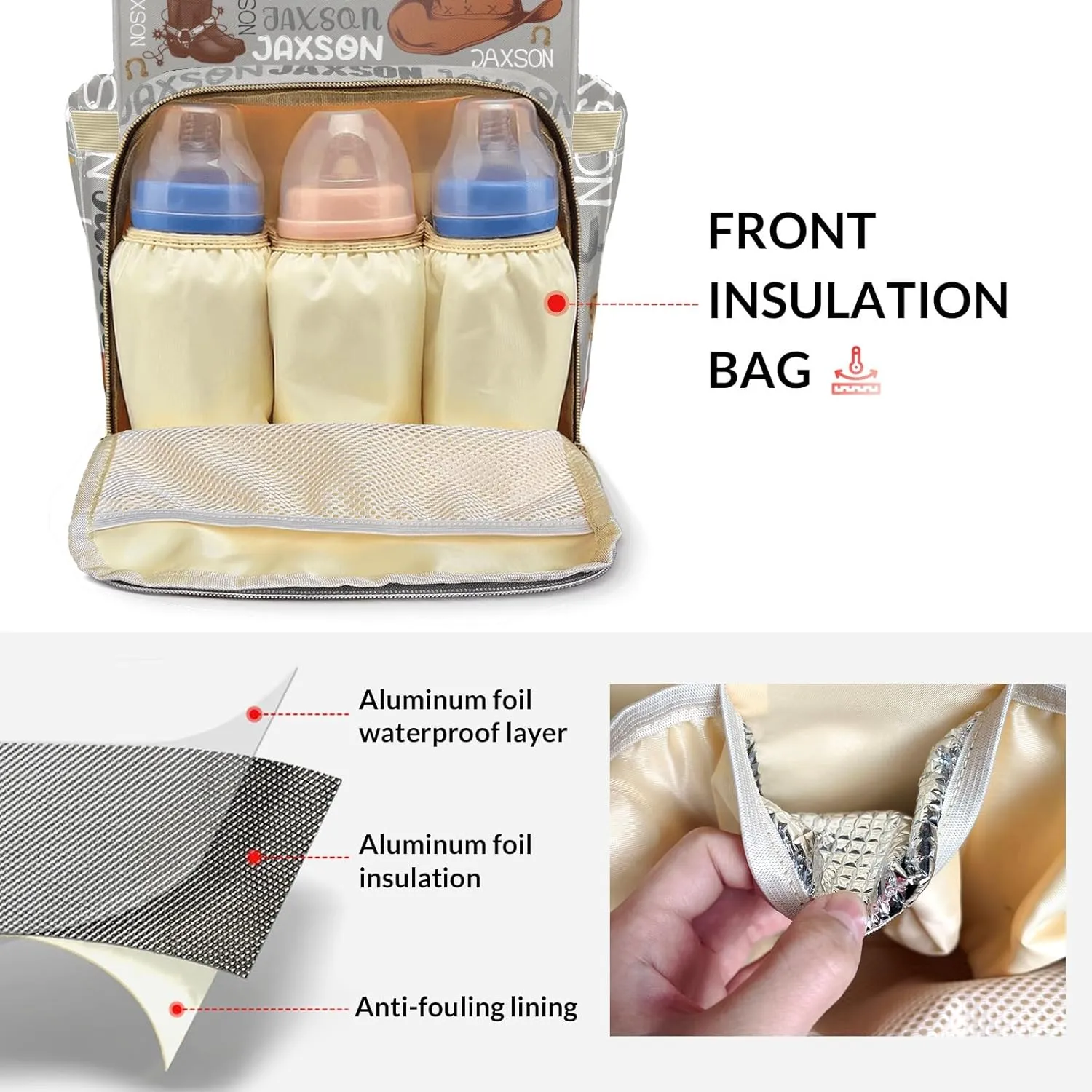 Rodeo Cowboy Gray Text Personalized Large Capacity Diaper Bags,Custom Name Backpack Casual Daypack Bag Nappy Bag Gifts