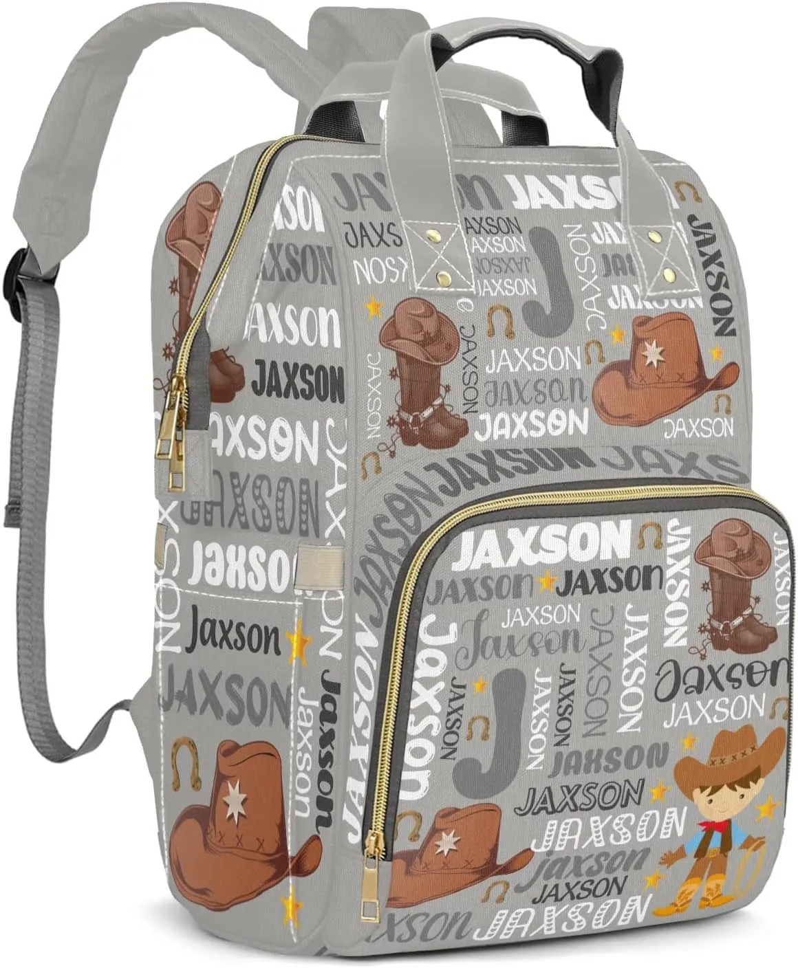 Rodeo Cowboy Gray Text Personalized Large Capacity Diaper Bags,Custom Name Backpack Casual Daypack Bag Nappy Bag Gifts