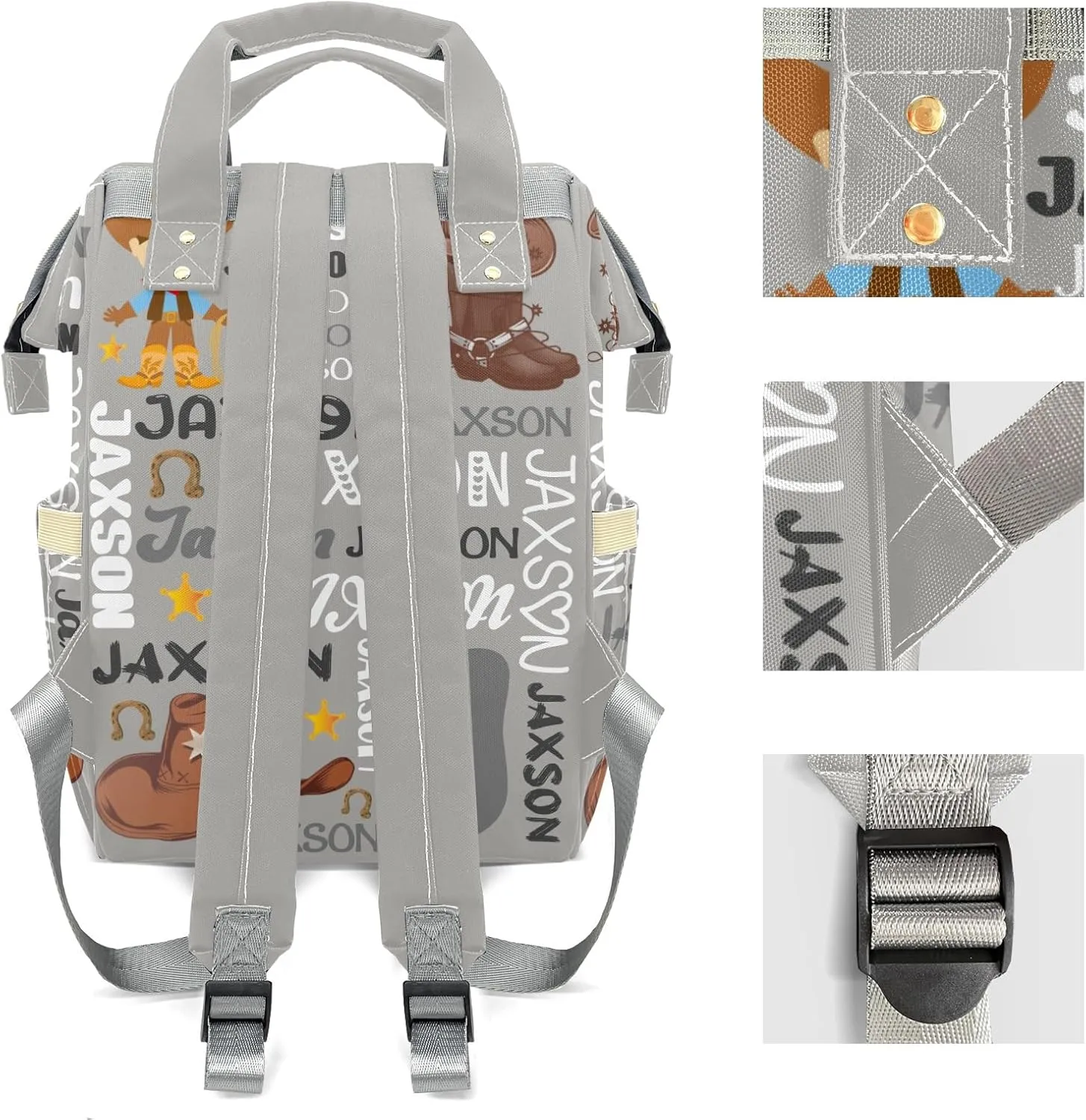 Rodeo Cowboy Gray Text Personalized Large Capacity Diaper Bags,Custom Name Backpack Casual Daypack Bag Nappy Bag Gifts
