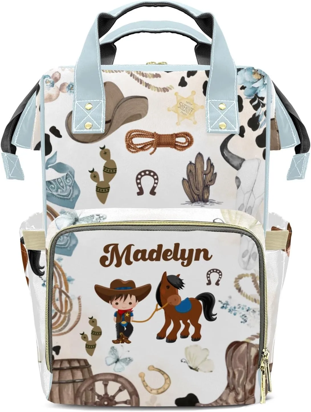 Rodeo Cowboy Horse Wild Western Personalized Large Capacity Diaper Bags,Custom Name Backpack Casual Daypack Bag Nappy Bag Gifts