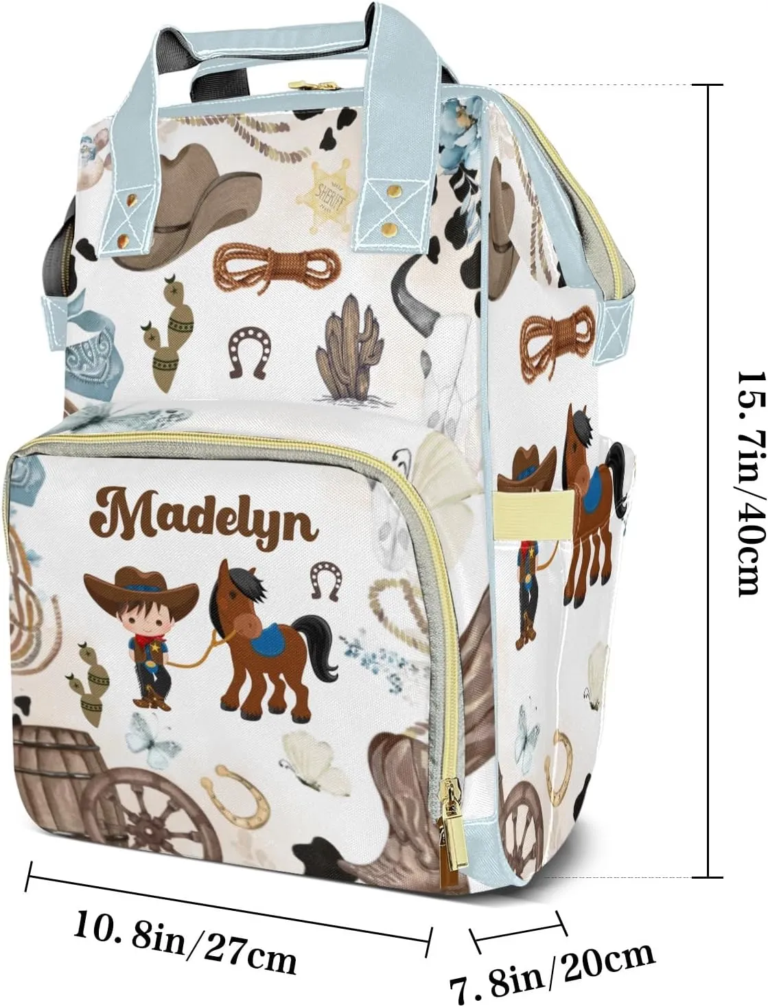 Rodeo Cowboy Horse Wild Western Personalized Large Capacity Diaper Bags,Custom Name Backpack Casual Daypack Bag Nappy Bag Gifts