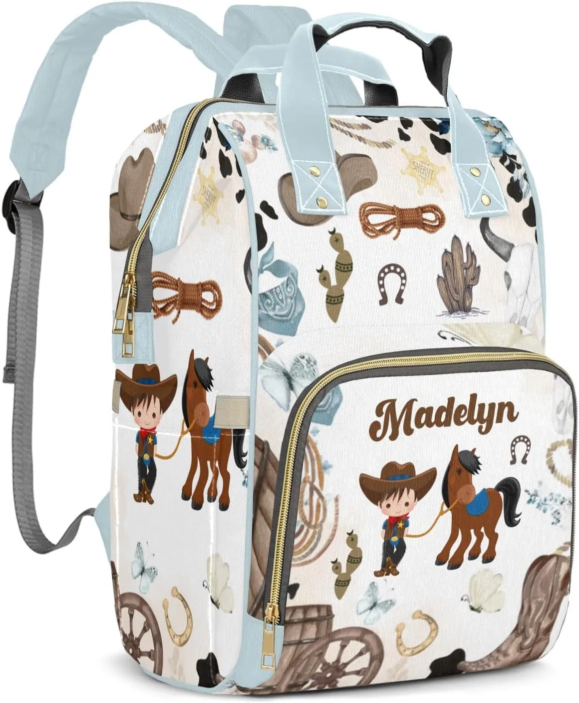 Rodeo Cowboy Horse Wild Western Personalized Large Capacity Diaper Bags,Custom Name Backpack Casual Daypack Bag Nappy Bag Gifts