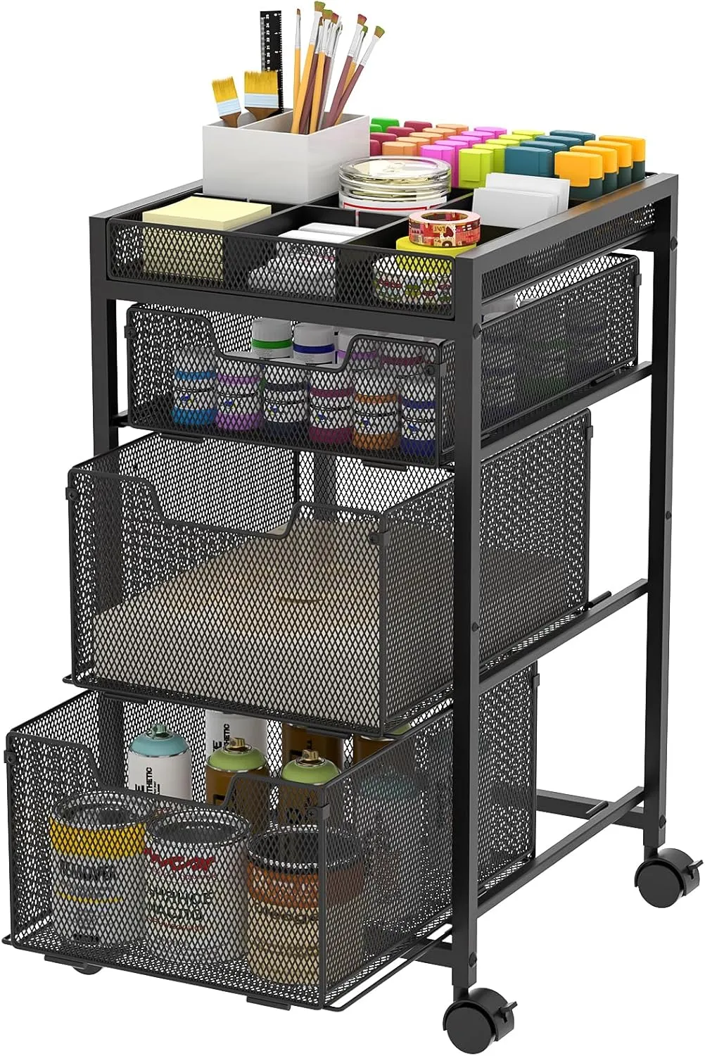 Rolling Utility Cart with 3 Drawers, Craft Organizer and Storage with DIY Divider, Lockable Wheels, Multi-Functional Storage for Art Supplies, Store for Brushes & Paints & Artifacts Small Parts