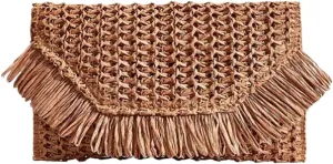 RomanticDesign Women Straw Woven Clutch Lightweight Summer Vacation Beach Bag Tassel Purse for Travel
