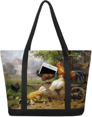 Roosters Hens Chicks Tote Bag Tote Bag for Women Reusable Grocery Shopping Cloth Bags with Zipper Large Capacity Foldable Handbag Gym Bag for Gift Activity