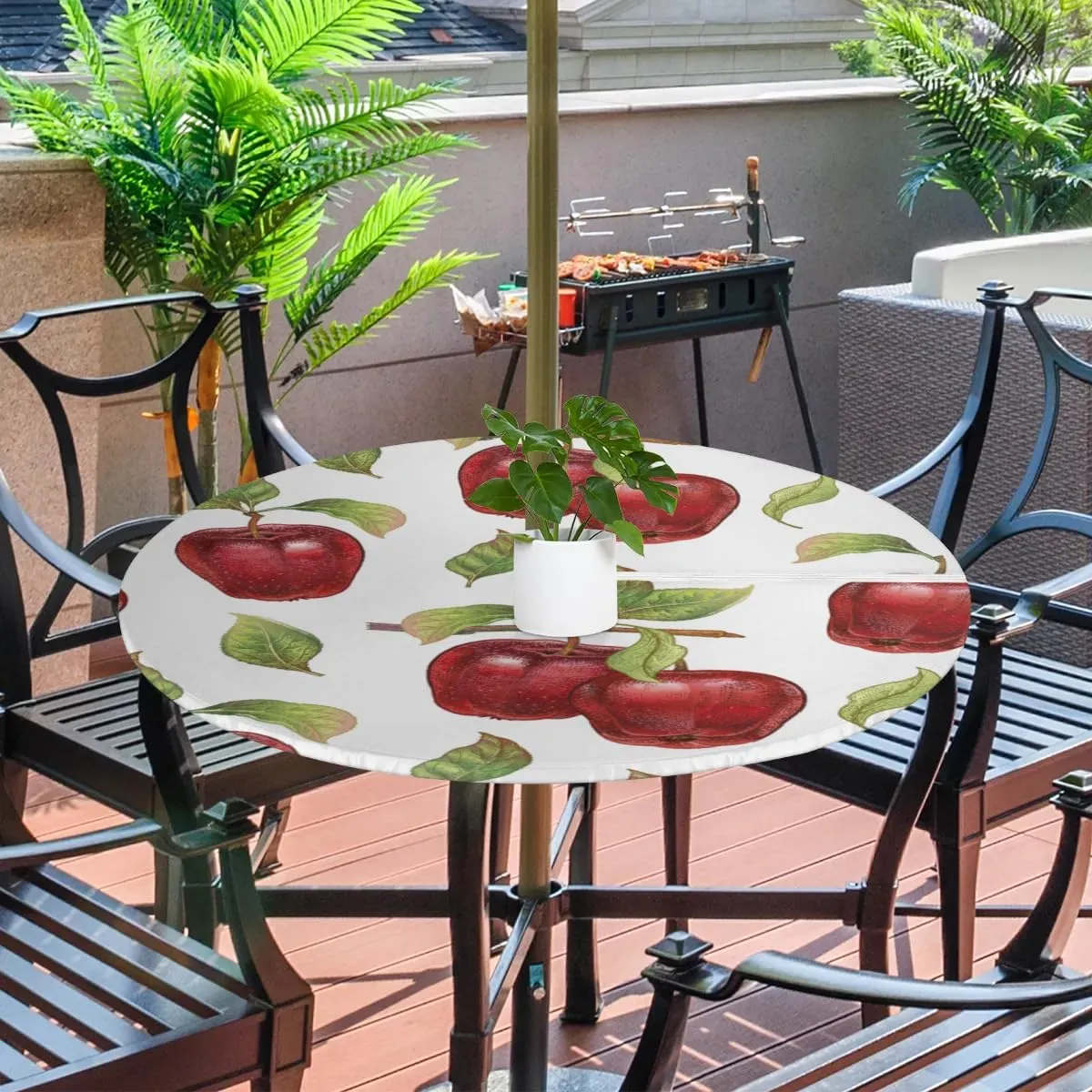 Round Outdoor Tablecloth with Umbrella Hole 45"-56" Zippered Elastic Tablecloth Apples Outdoor Round Fitted Tablecloth Waterproof Umbrella Zippered Tablecloth for Patio