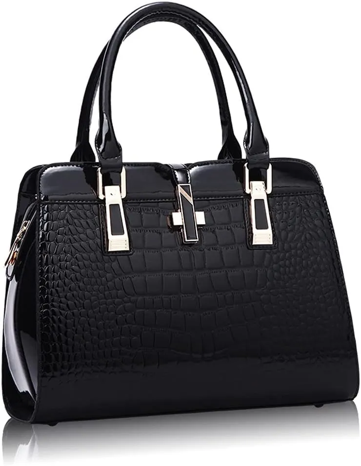 ROUROU Patent Leather Handbags for Women Crocodile Print Shoulder Bag Top Handle Crossbody Bag Zipper Closure Tote Bag Purse