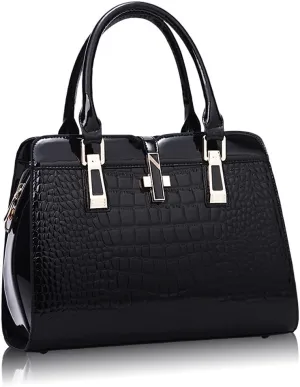 ROUROU Patent Leather Handbags for Women Crocodile Print Shoulder Bag Top Handle Crossbody Bag Zipper Closure Tote Bag Purse