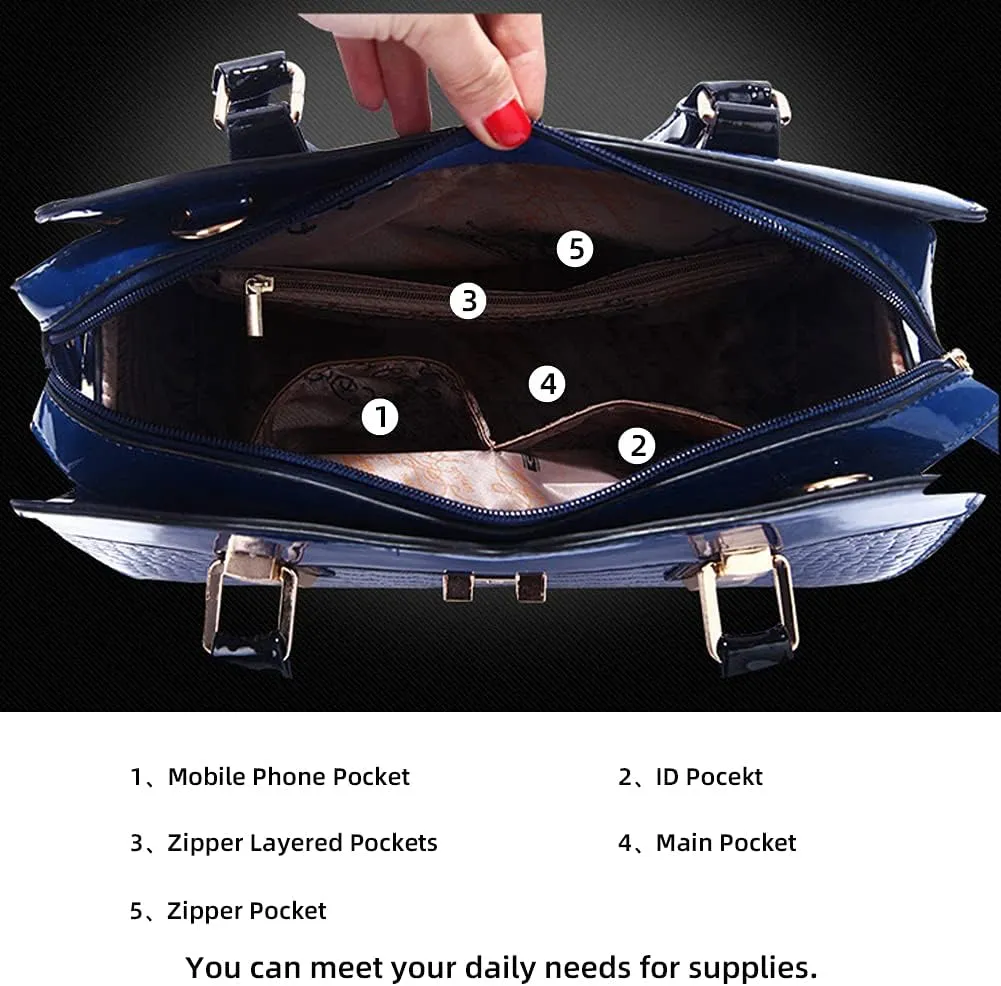 ROUROU Patent Leather Handbags for Women Crocodile Print Shoulder Bag Top Handle Crossbody Bag Zipper Closure Tote Bag Purse