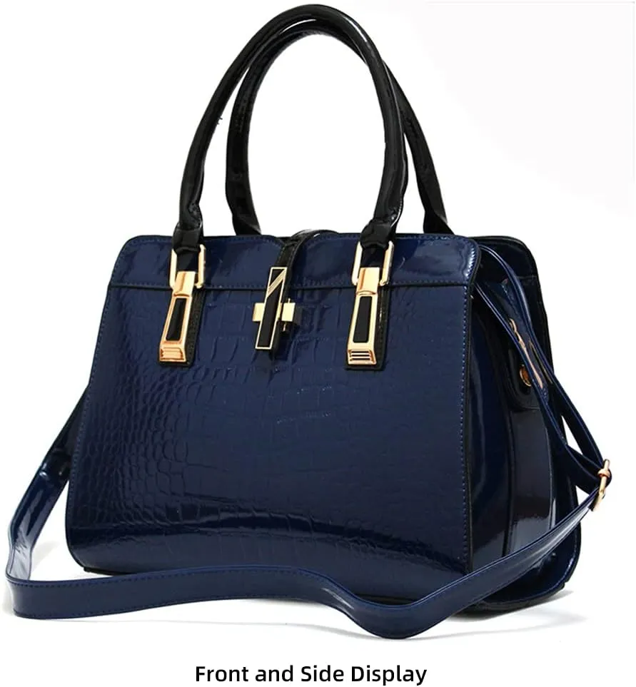 ROUROU Patent Leather Handbags for Women Crocodile Print Shoulder Bag Top Handle Crossbody Bag Zipper Closure Tote Bag Purse