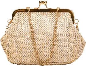 ROUROU Retro Hollow Handbag for Women Straw Shoulder Bag Evening Clutch Bag Kiss Lock Closure Crossbody Bag Purse