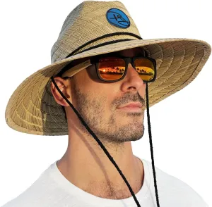 Rush Straw Lifeguard Sun Hat, 4" Bound Big Brim, Chin Cord and Toggle with Logo Patch