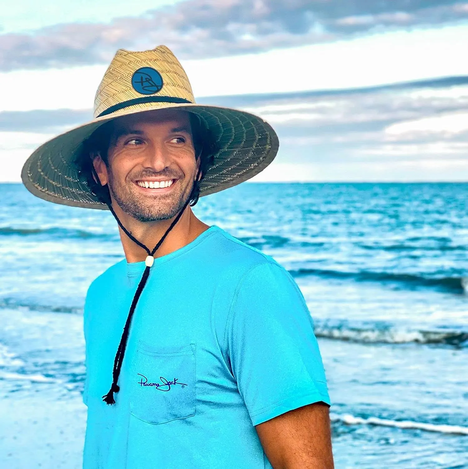 Rush Straw Lifeguard Sun Hat, 4" Bound Big Brim, Chin Cord and Toggle with Logo Patch