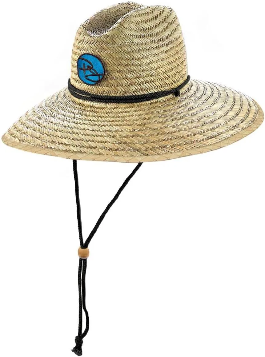 Rush Straw Lifeguard Sun Hat, 4" Bound Big Brim, Chin Cord and Toggle with Logo Patch