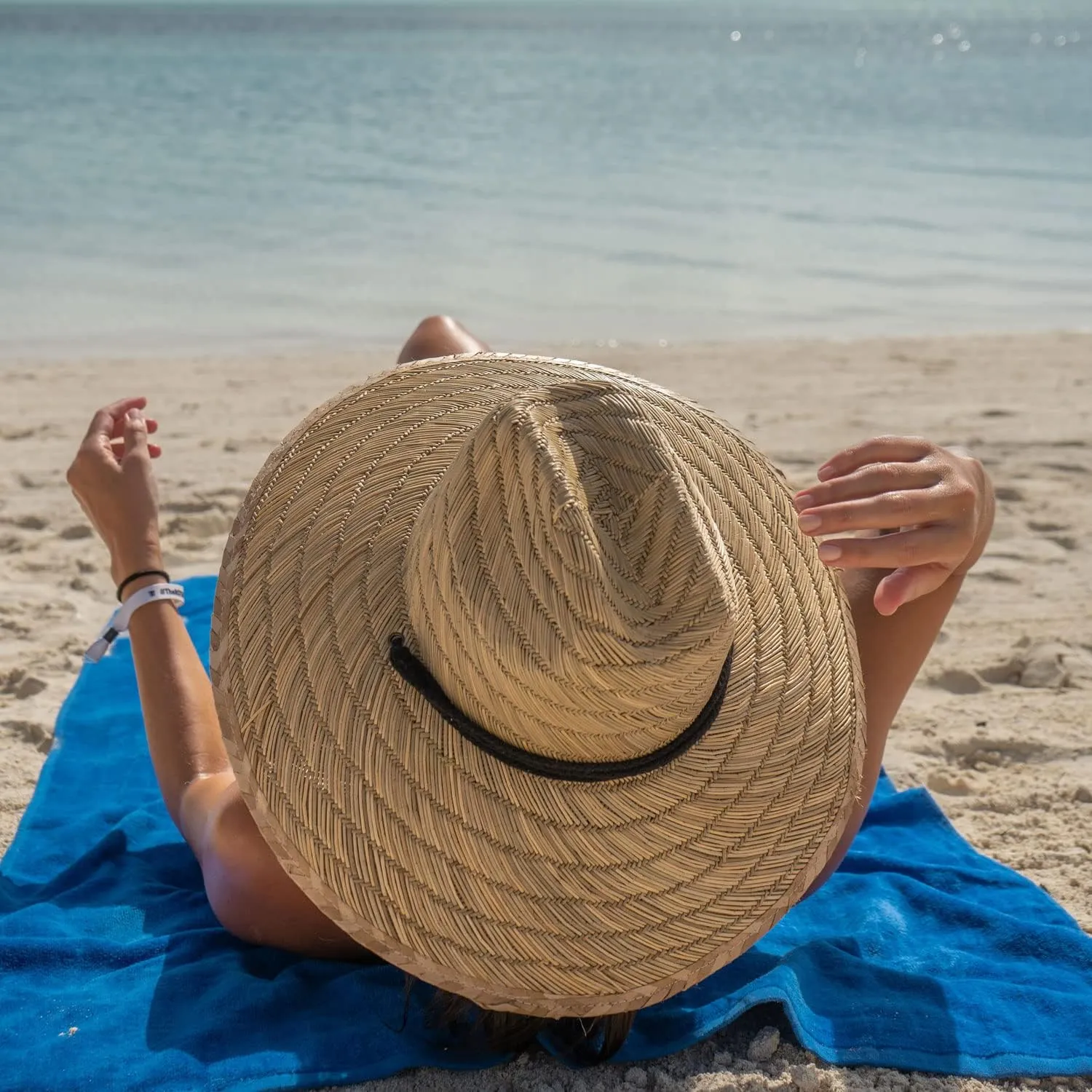 Rush Straw Lifeguard Sun Hat, 4" Bound Big Brim, Chin Cord and Toggle with Logo Patch