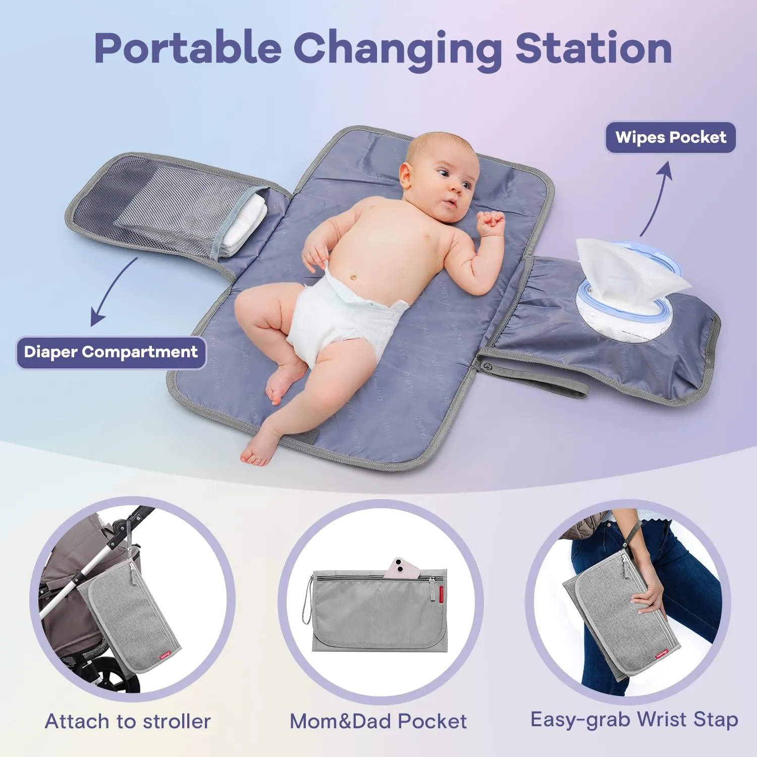 RUVALINO Diaper Bag Backpack, Multifunction Travel Pack Maternity Baby Changing Bags, Large Capacity, Waterproof, Gray