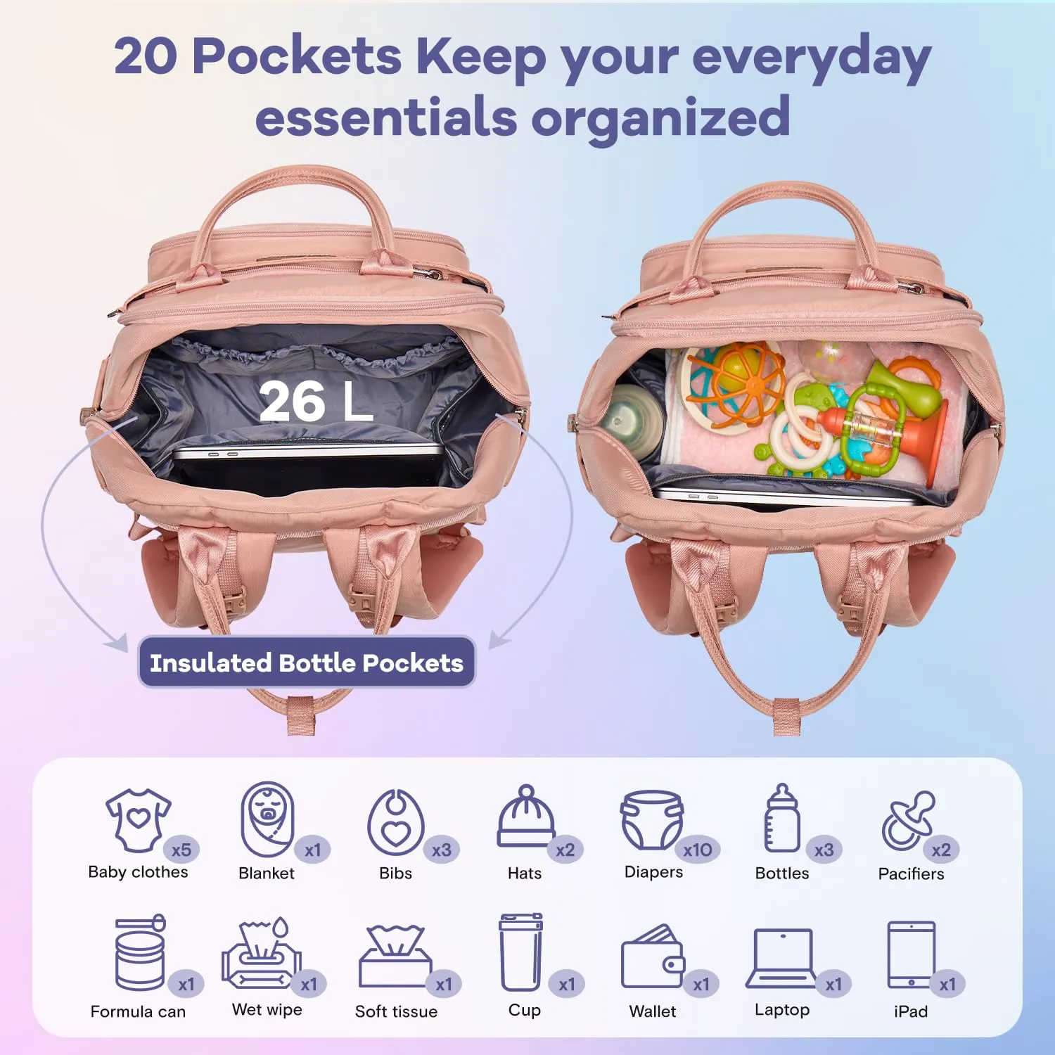 RUVALINO Diaper Bag Backpack, Multifunction Travel Pack Maternity Baby Changing Bags, Large Capacity, Waterproof, Pink