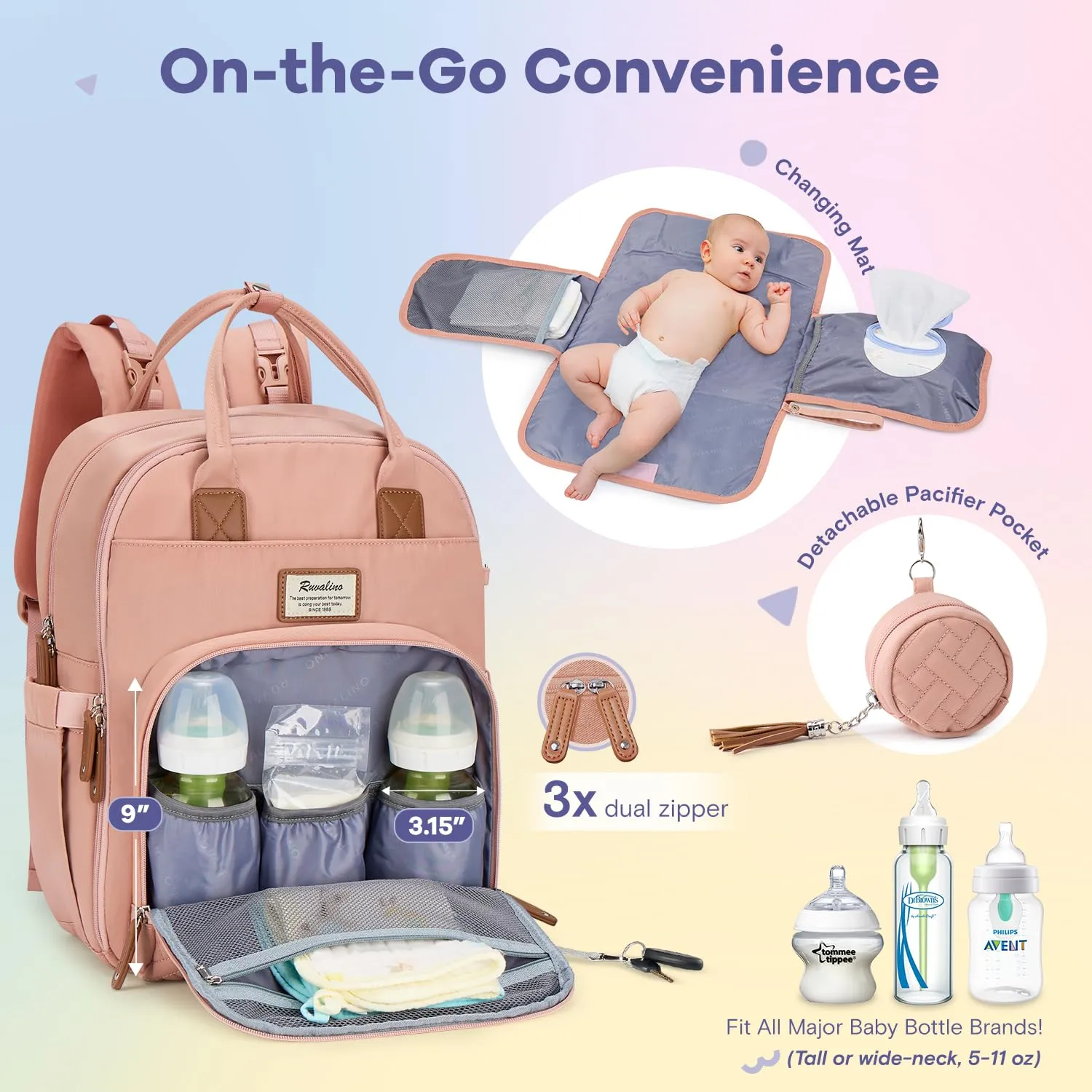 RUVALINO Diaper Bag Backpack, Multifunction Travel Pack Maternity Baby Changing Bags, Large Capacity, Waterproof, Pink