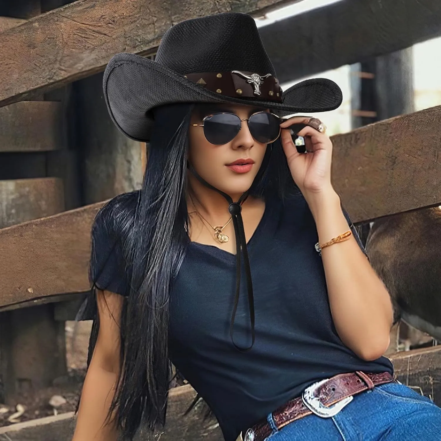 SANSTHS Cowboy Cowgirl Hats for Men Women 2 Pack Hatbands Straw Hat Wide Brim Breathable Western Hats for Lover