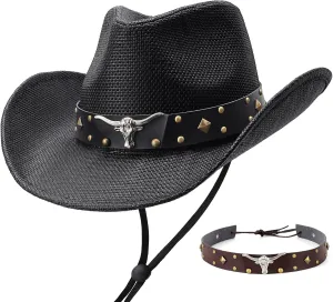 SANSTHS Cowboy Cowgirl Hats for Men Women 2 Pack Hatbands Straw Hat Wide Brim Breathable Western Hats for Lover
