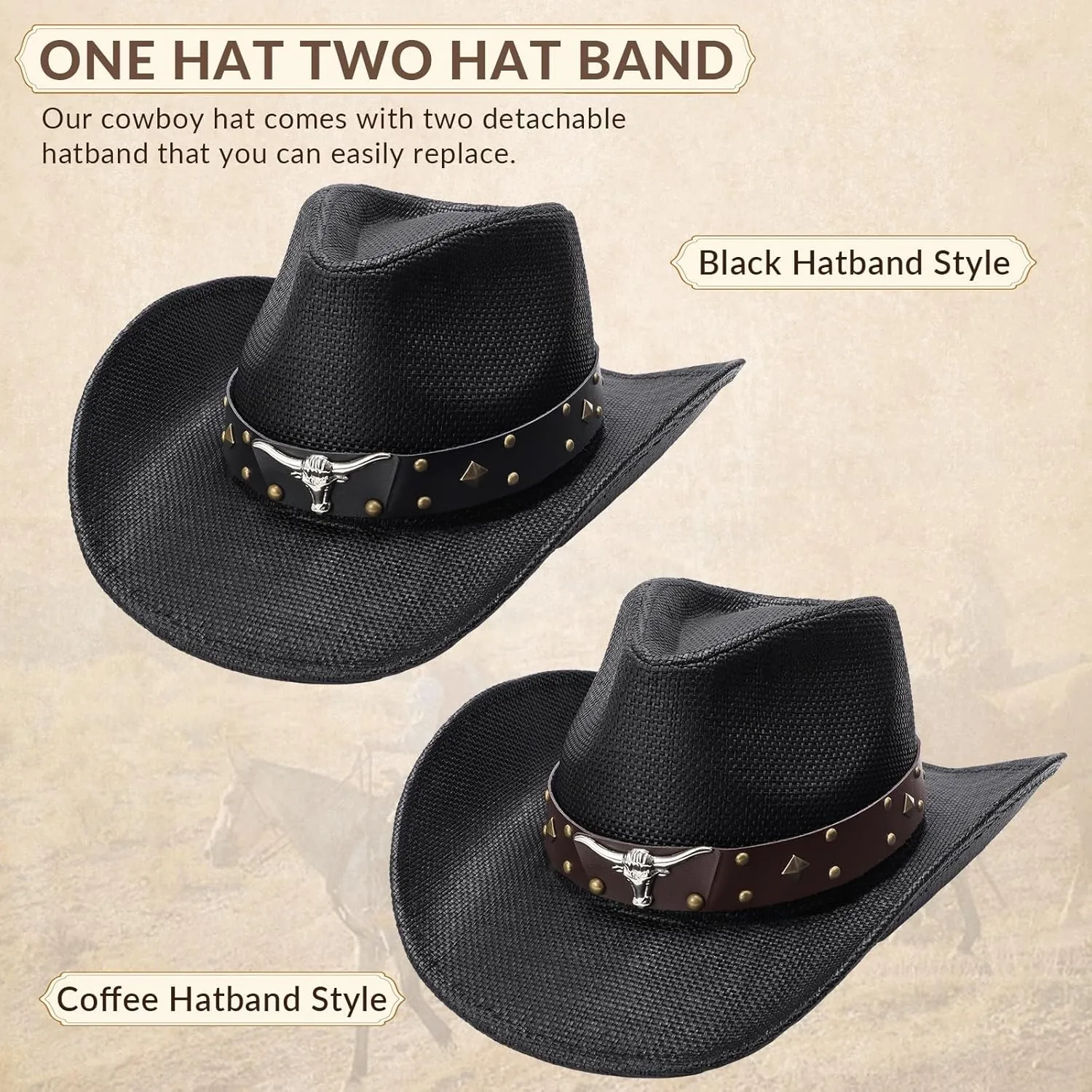 SANSTHS Cowboy Cowgirl Hats for Men Women 2 Pack Hatbands Straw Hat Wide Brim Breathable Western Hats for Lover